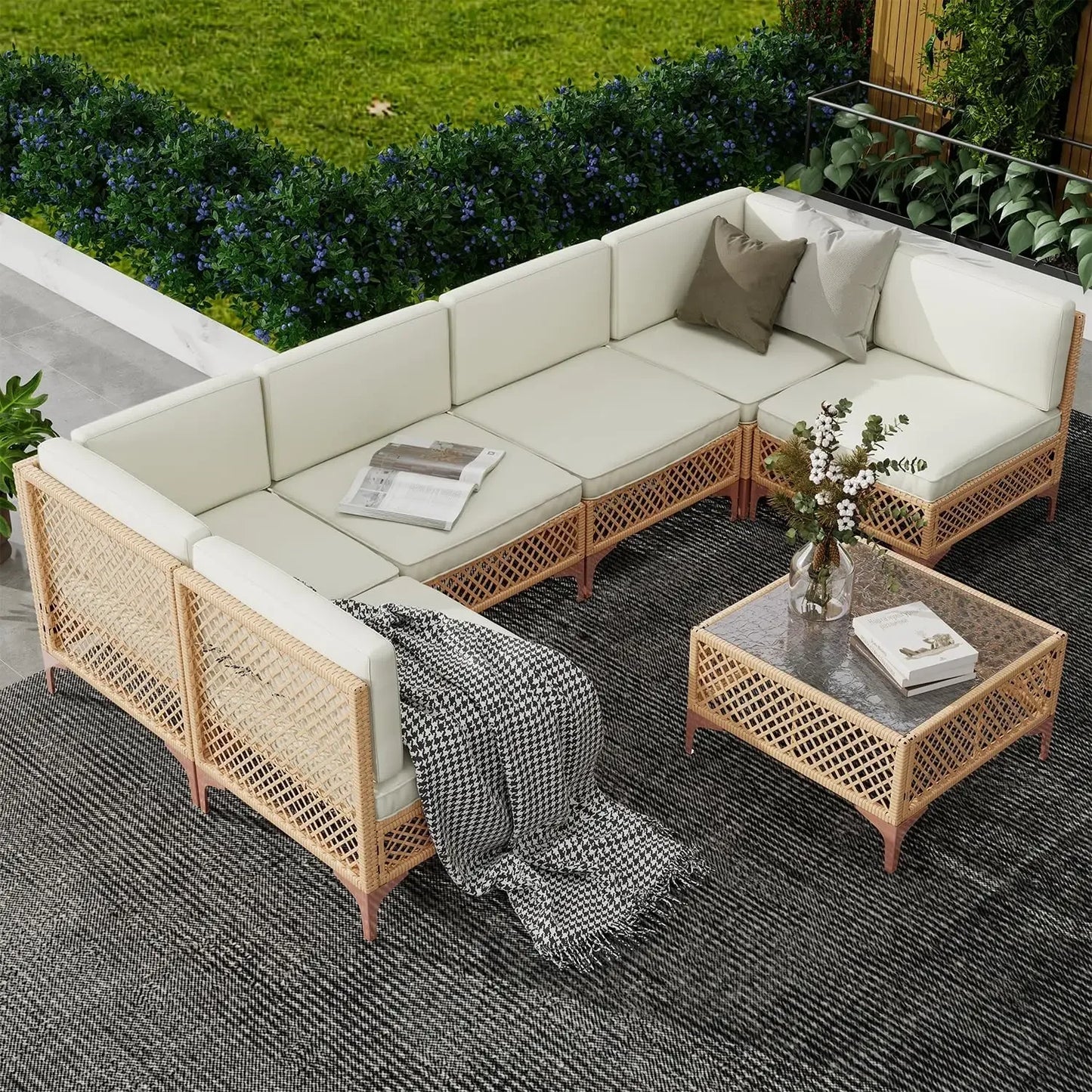 Outdoor Patio Set, Sectional Furniture with Glass Table and Cushions