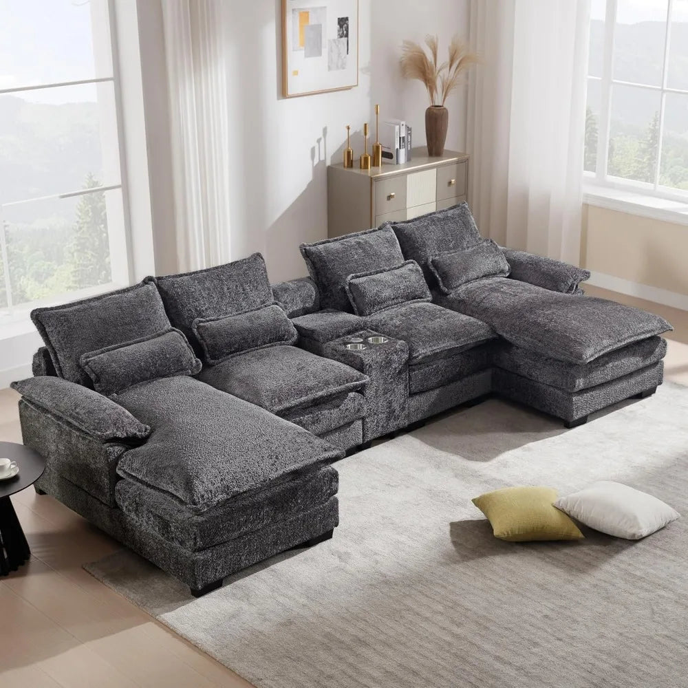 U Shaped Sectional Sofa with Console Cupholders