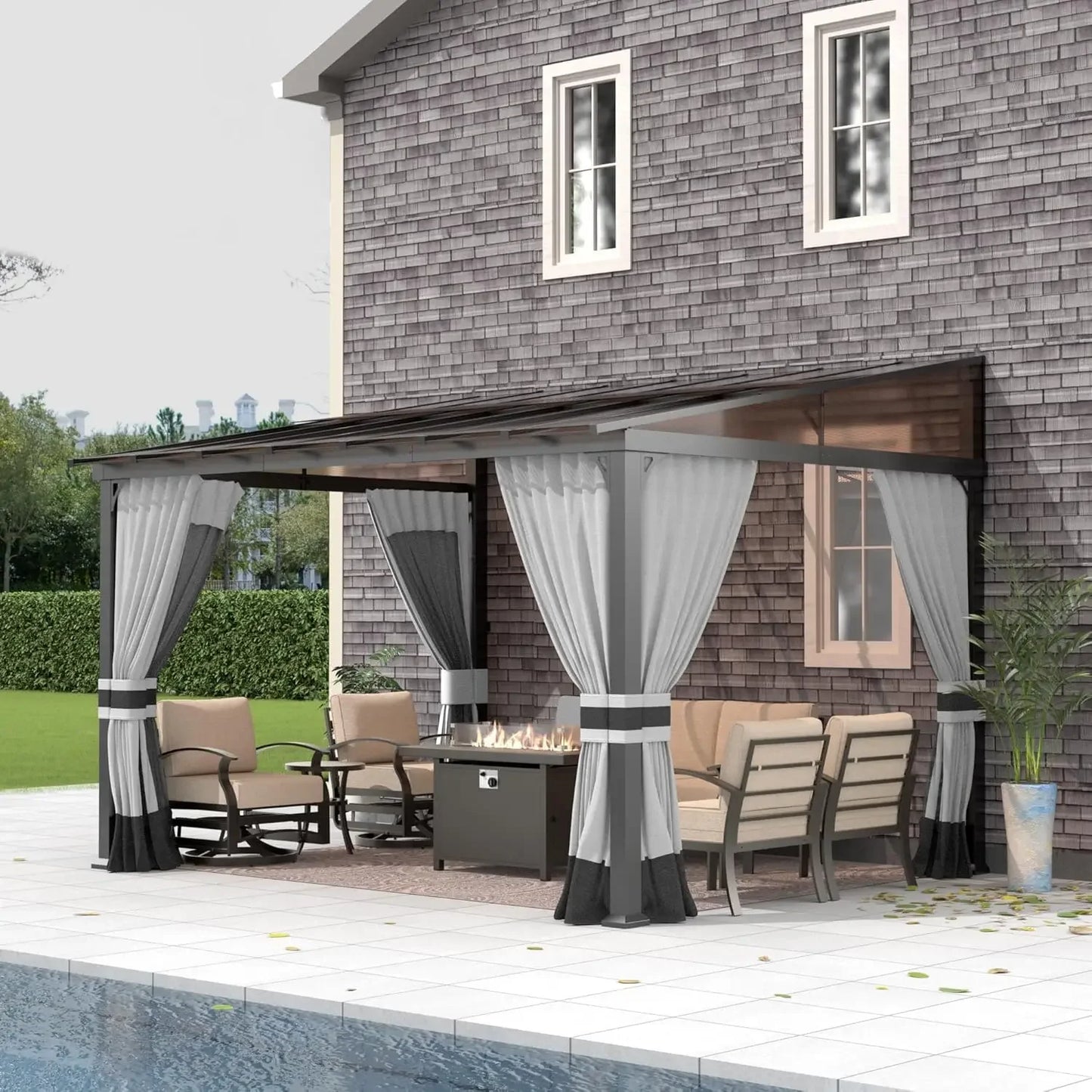 10' x 24' Outdoor Wall Mounted Hardtop Pergola with Sloping Sun Panel