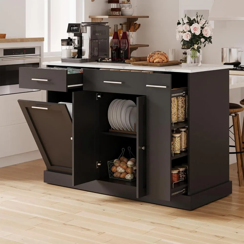 Kitchen Island with Trash Can Storage and Marble Countertop