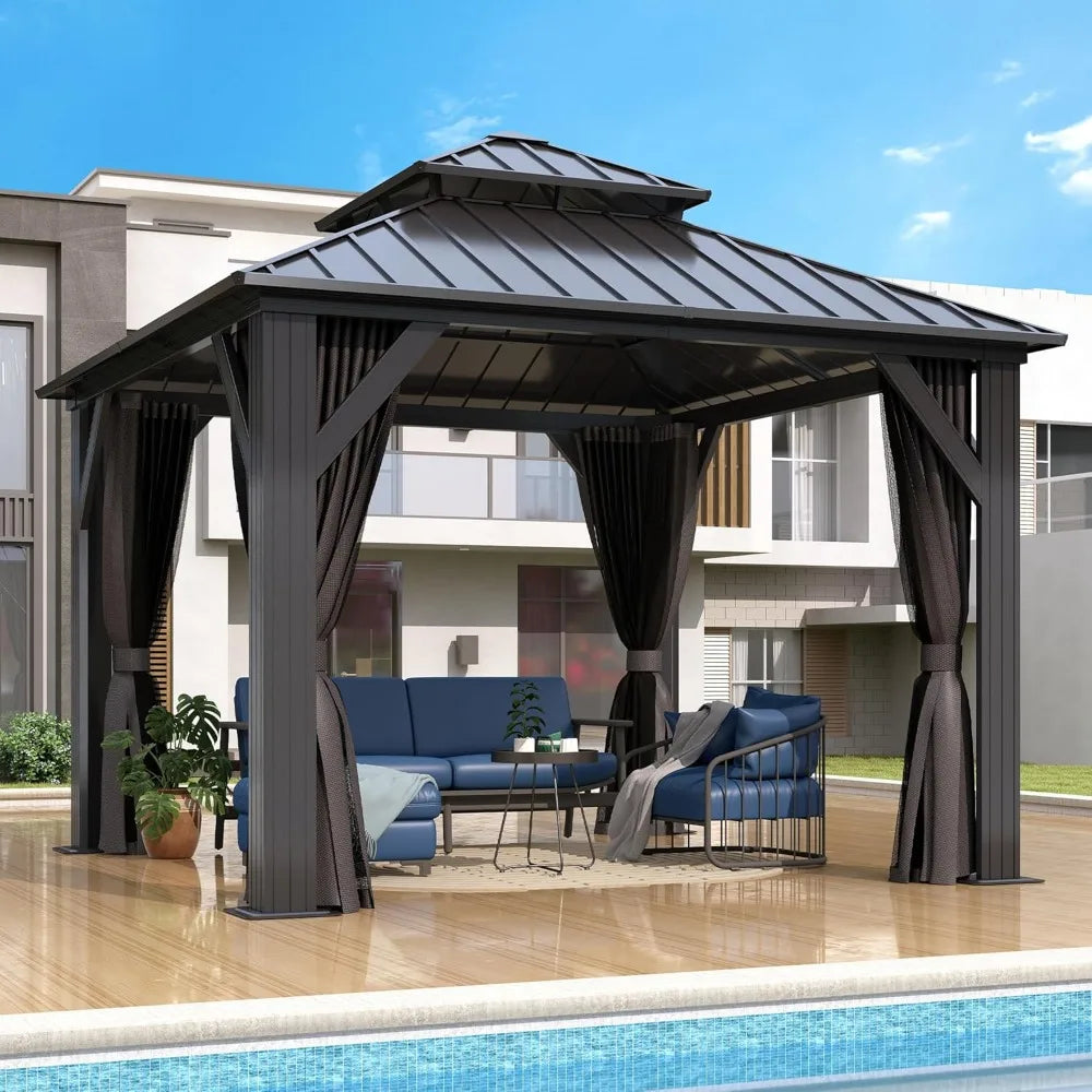 9.5 x 9.5 FT Hardtop Double Roof Galvanized Steel Top Gazebo with Breathable Netting & Curtain