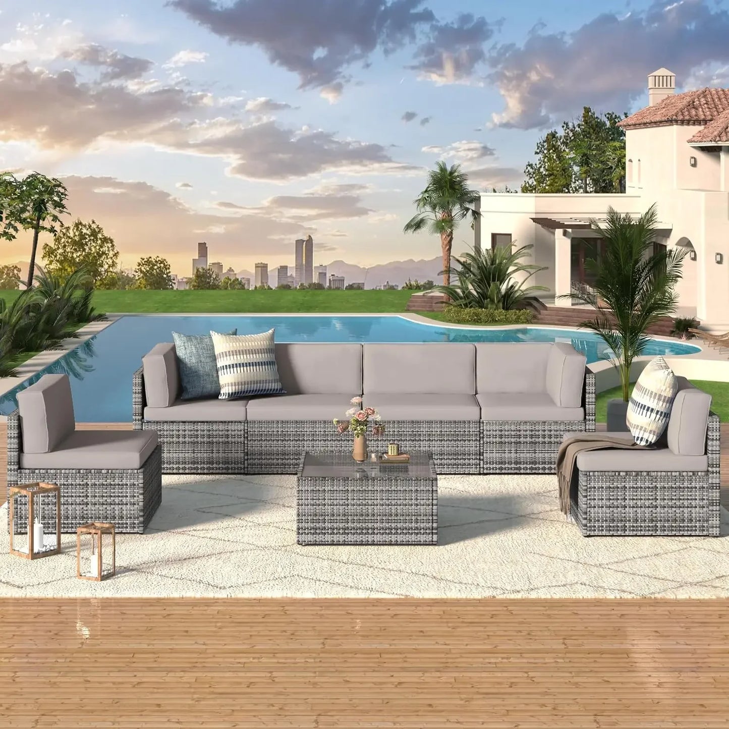 Outdoor Grey Wicker Patio Furniture, Sectional with Chairs and Cushions