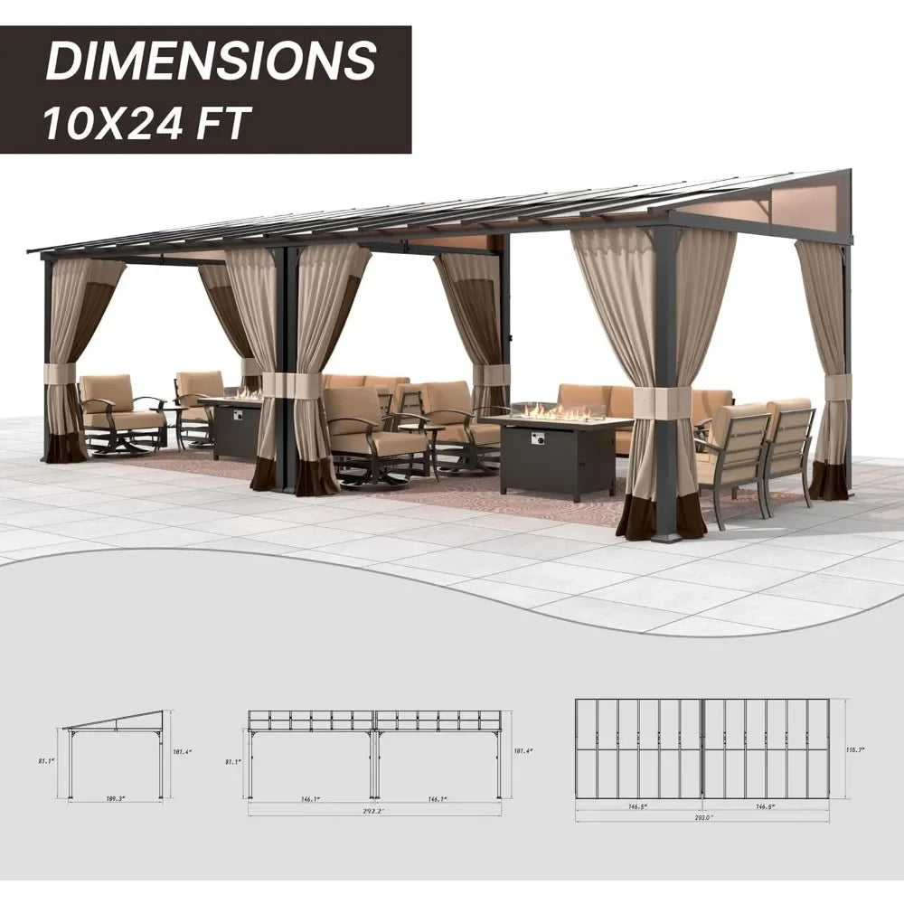 10' x 24' Outdoor Wall Mounted Hardtop Pergola with Sloping Sun Panel
