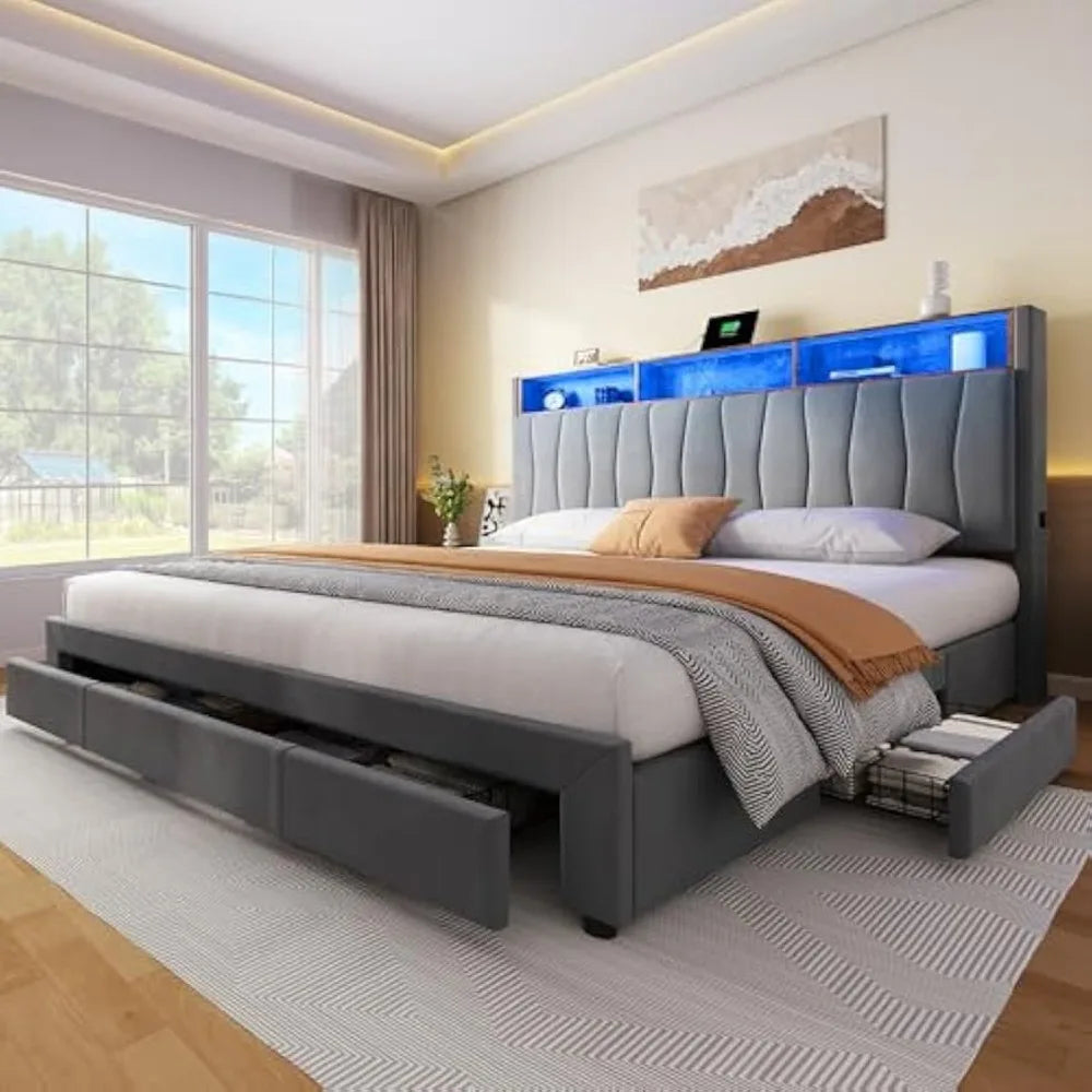 LED King Bed Frame with Storage