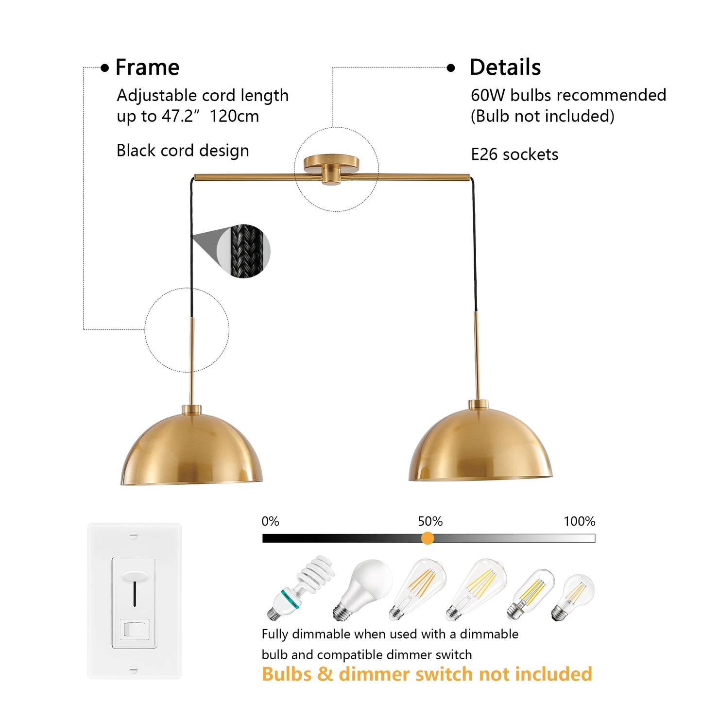 Hanging Kitchen Island Double Pendant Light Fixture, Copper