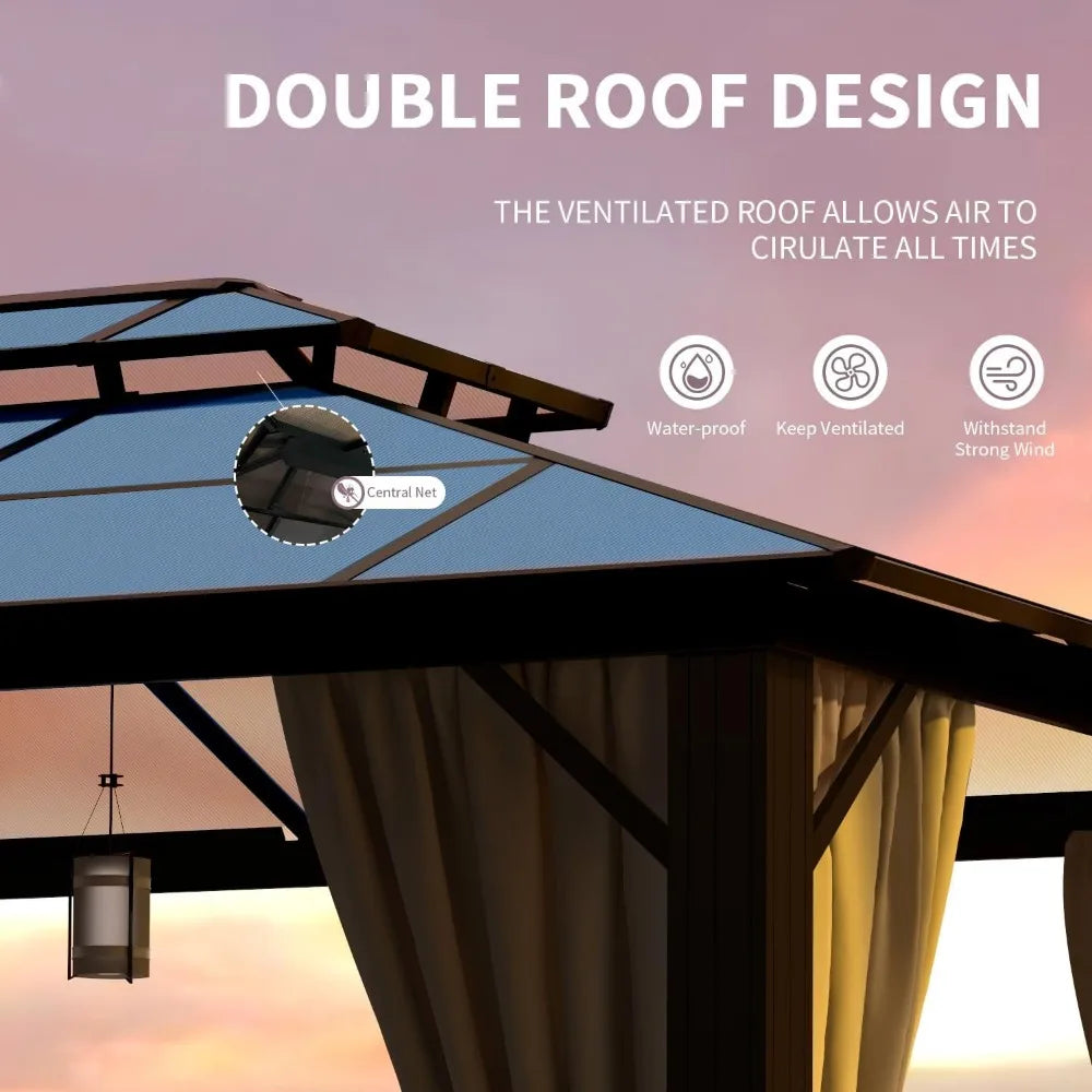 12'x16' Hardtop Gazebo, Outdoor Polycarbonate Double Roof Canopy, Aluminum Frame Pavilion with Curtains and Netting, Sunshade