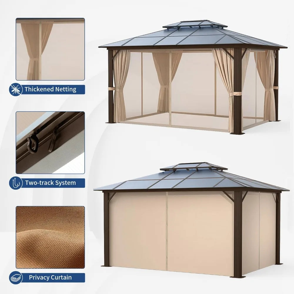 12'x16' Hardtop Gazebo, Outdoor Polycarbonate Double Roof Canopy, Aluminum Frame Pavilion with Curtains and Netting, Sunshade
