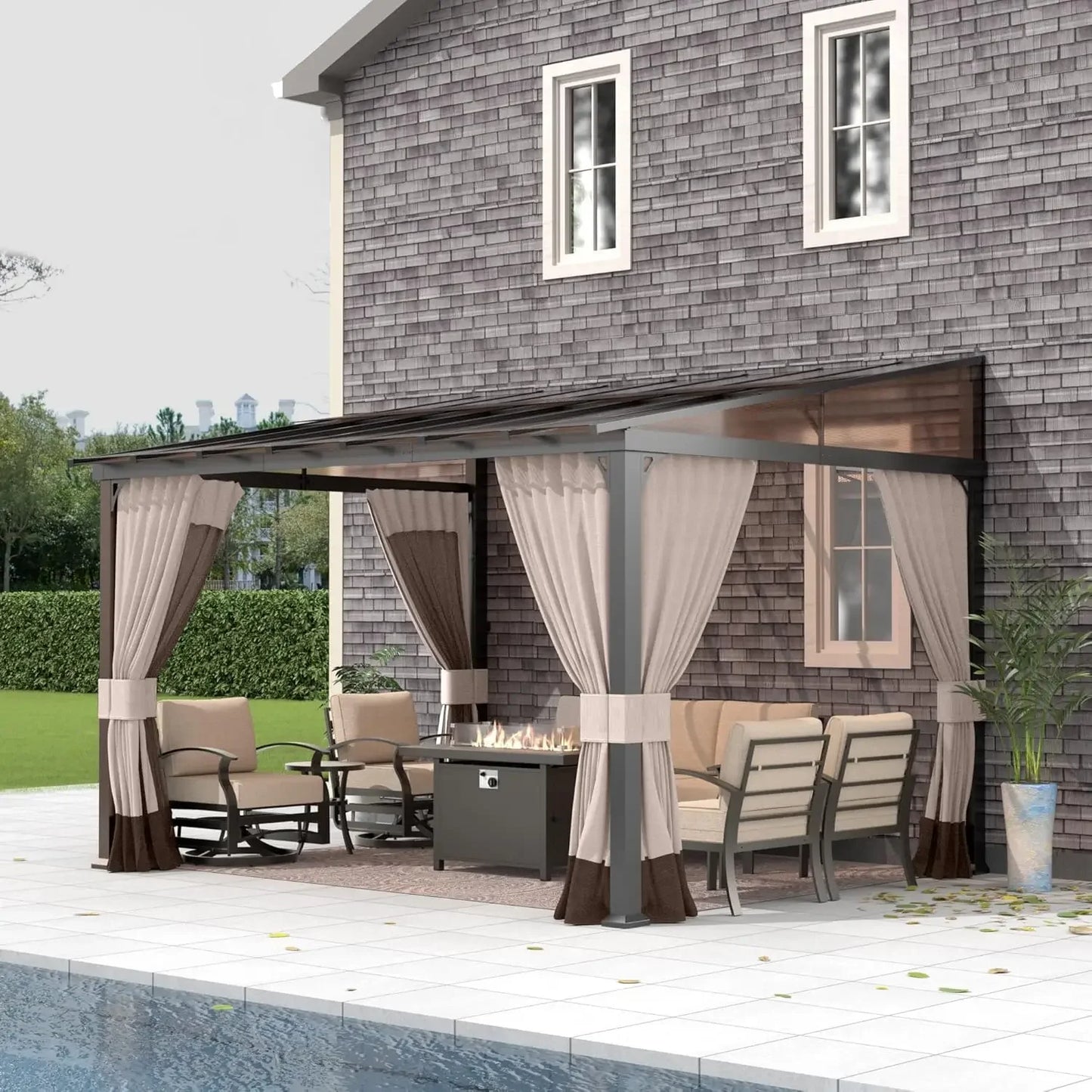 10' x 24' Outdoor Wall Mounted Hardtop Pergola with Sloping Sun Panel