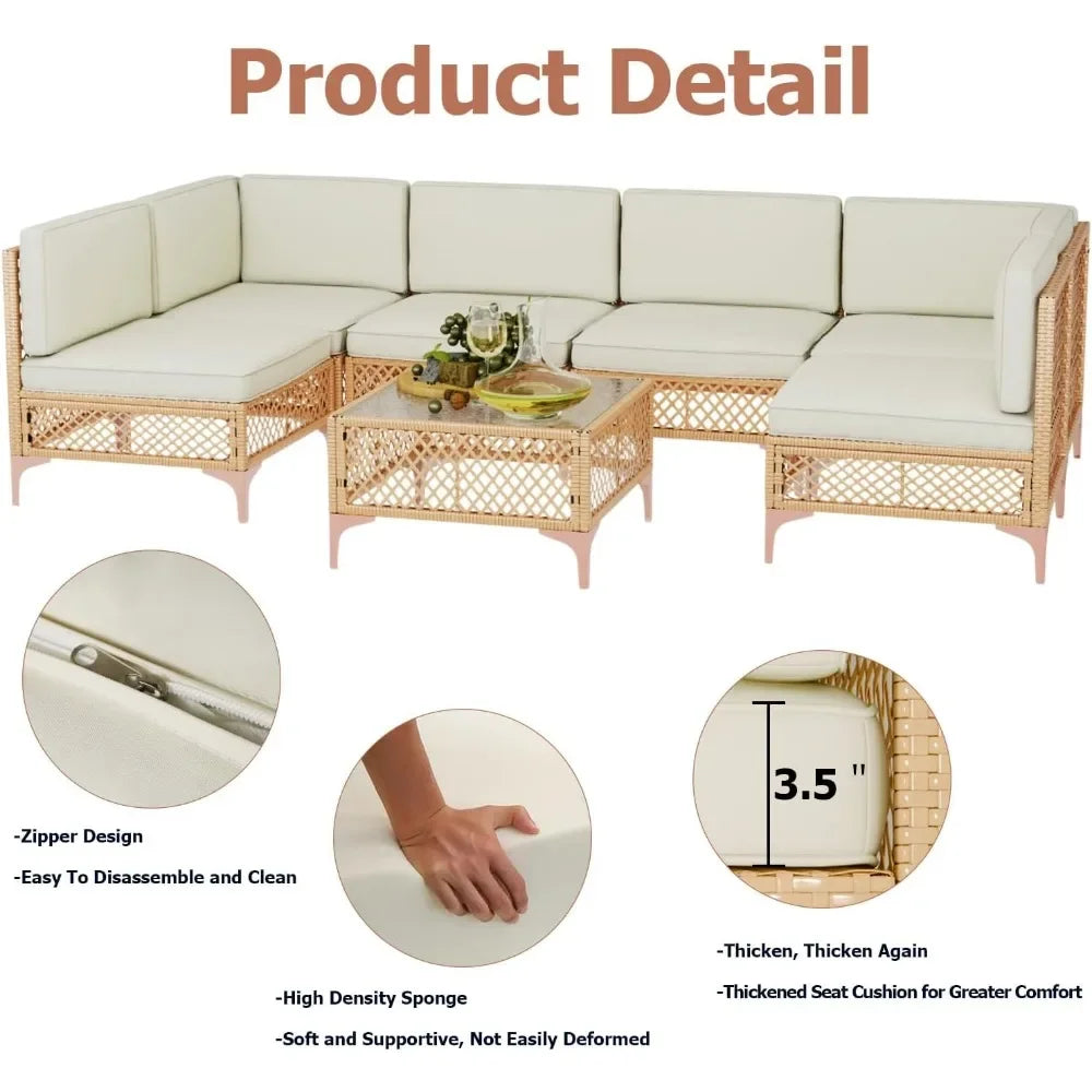 Outdoor Patio Set, Sectional Furniture with Glass Table and Cushions