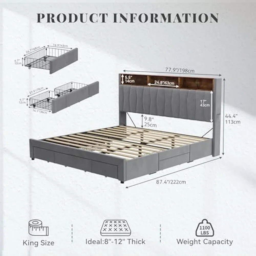 LED King Bed Frame with Storage