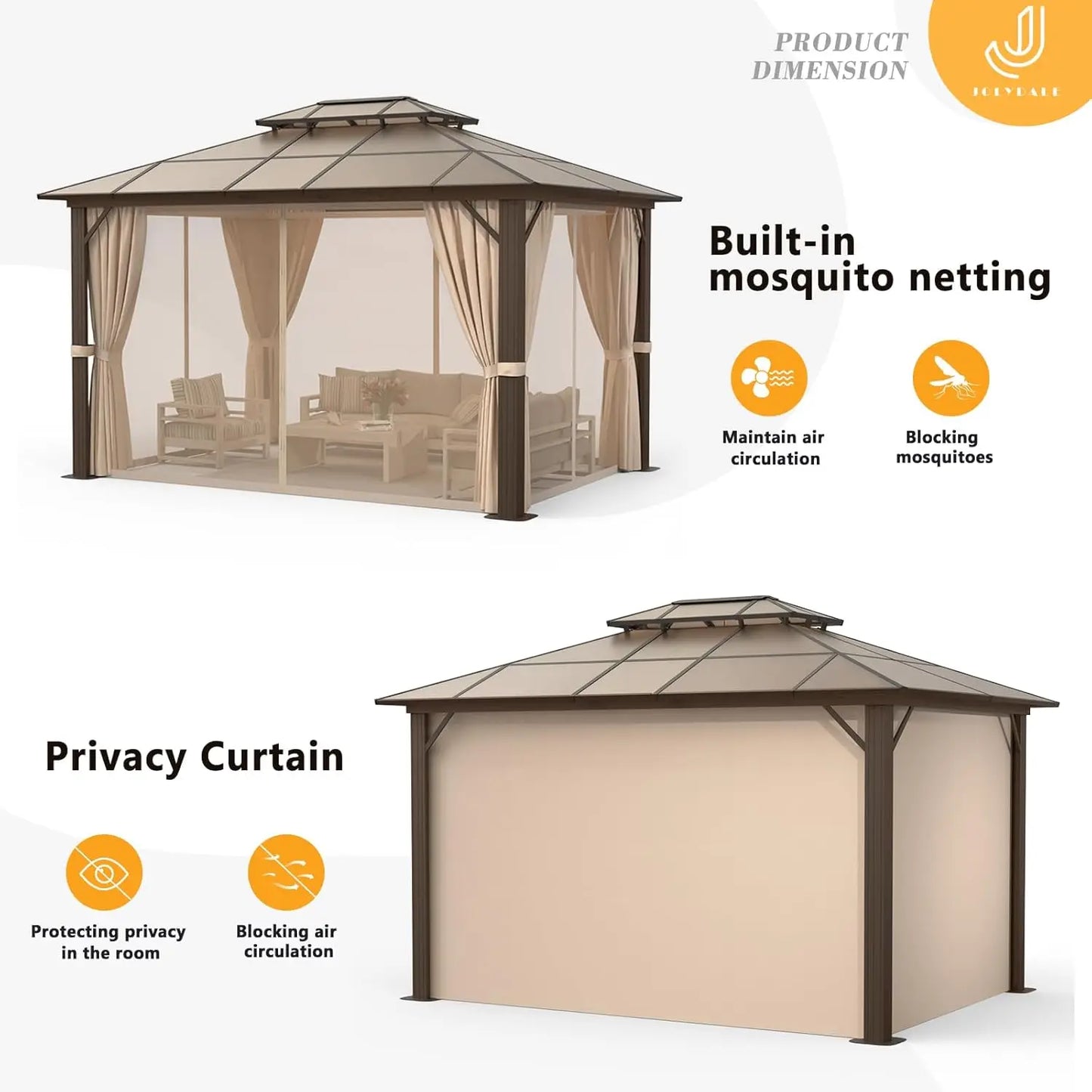 10'x12' Hardtop Double Roof Gazebo, Aluminum Frame Permanent Pavilion