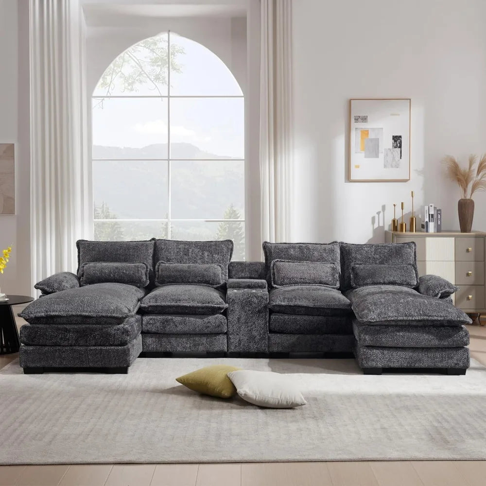 U Shaped Sectional Sofa with Console Cupholders