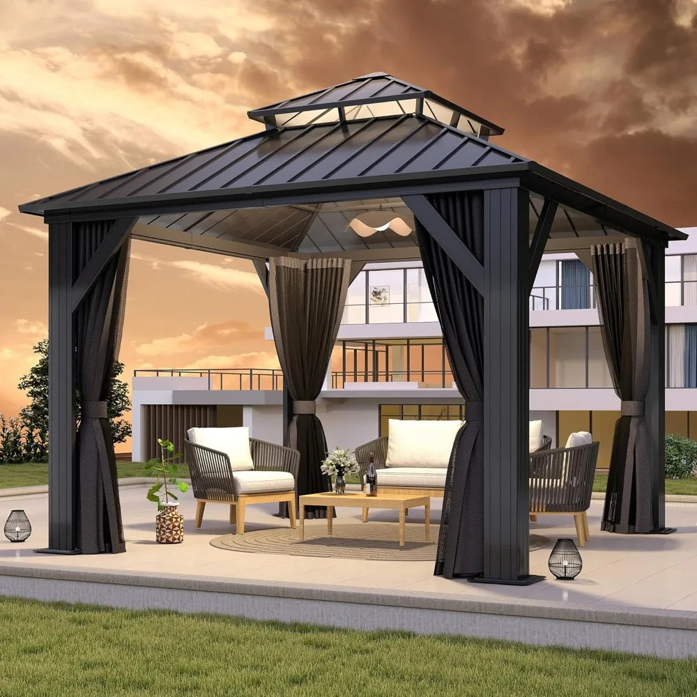 9.5 x 9.5 FT Hardtop Double Roof Galvanized Steel Top Gazebo with Breathable Netting & Curtain