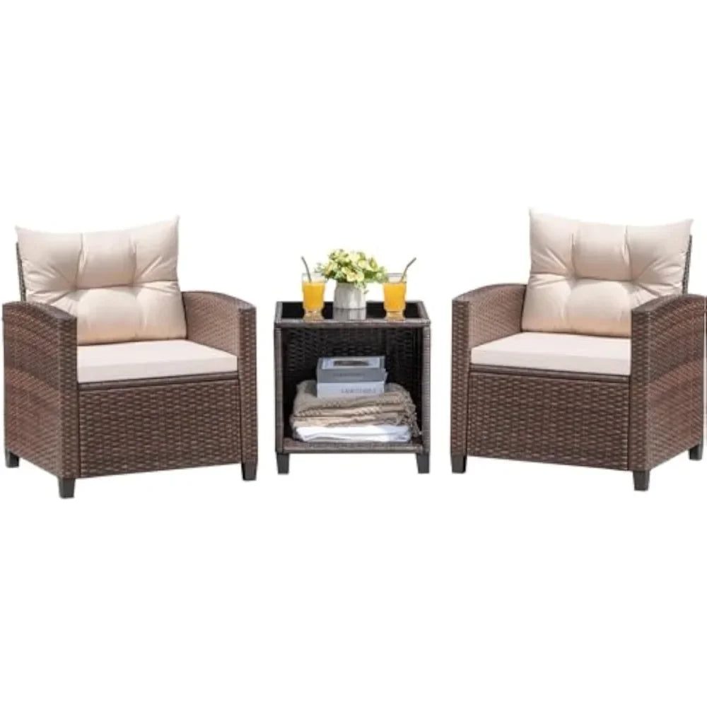 3 Pieces Patio Furniture, Rattan Wicker with Chairs and Table