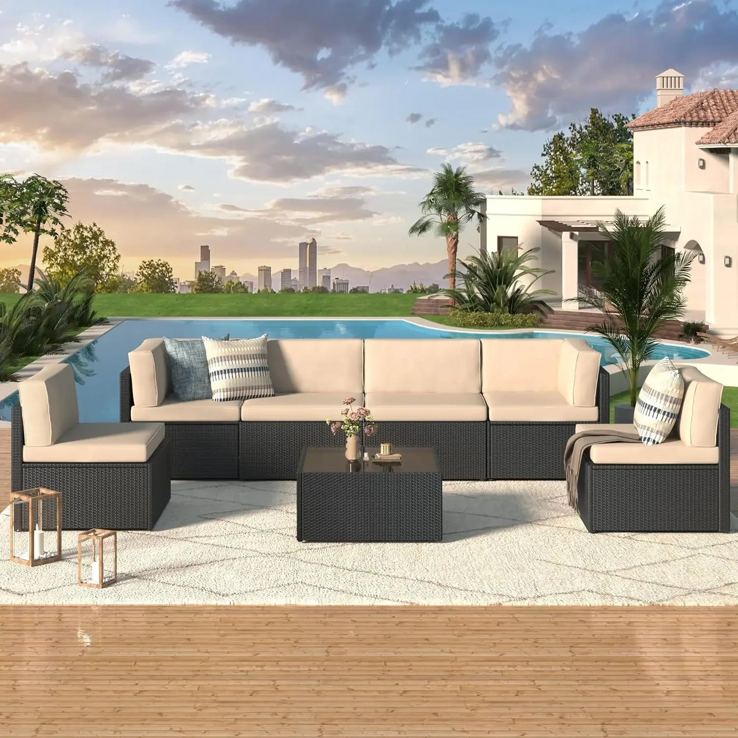 Outdoor Grey Wicker Patio Furniture, Sectional with Chairs and Cushions