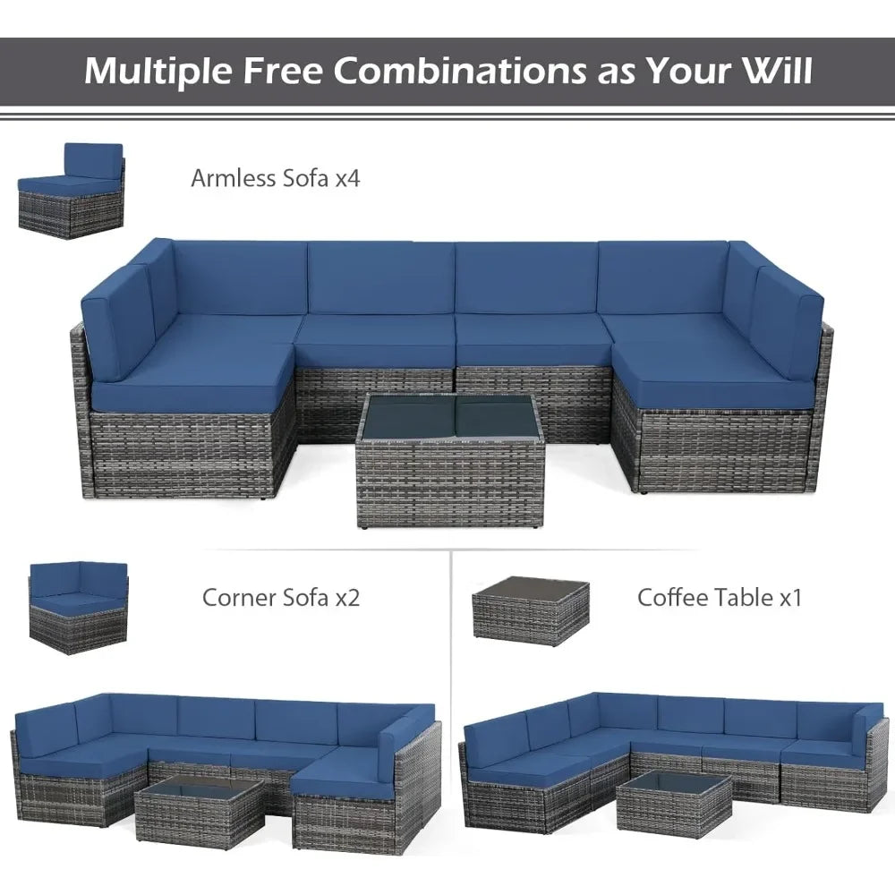 Outdoor Grey Wicker Patio Furniture, Sectional with Chairs and Cushions