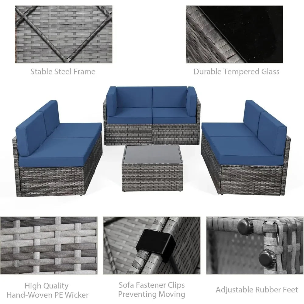 Outdoor Grey Wicker Patio Furniture, Sectional with Chairs and Cushions