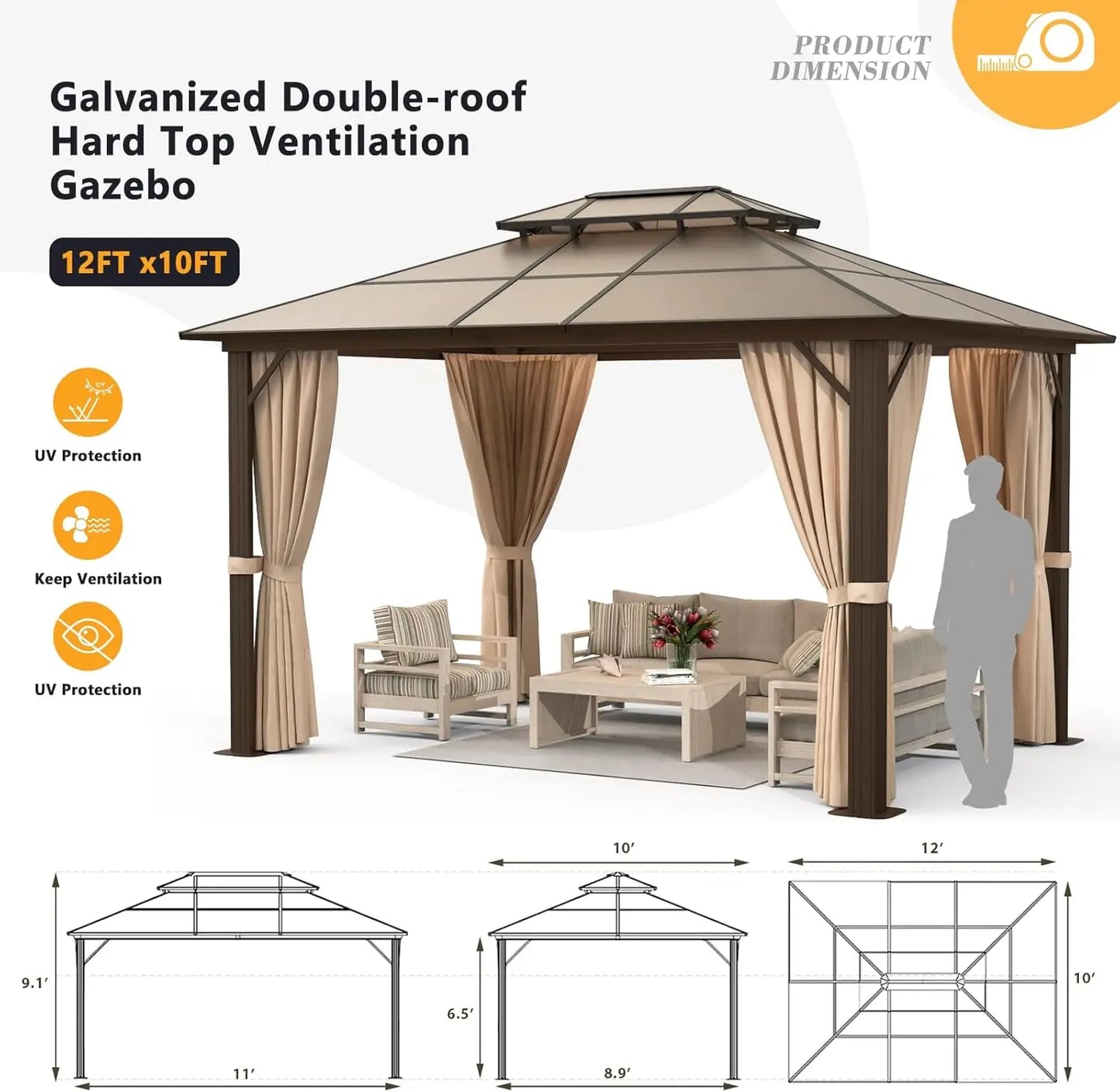 10'x12' Hardtop Double Roof Gazebo, Aluminum Frame Permanent Pavilion