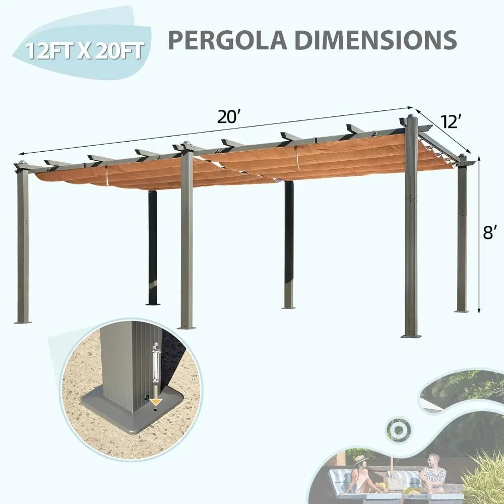12 x 20 FT Aluminum Pergola with Retractable Canopy and Adjustable Sun Shade