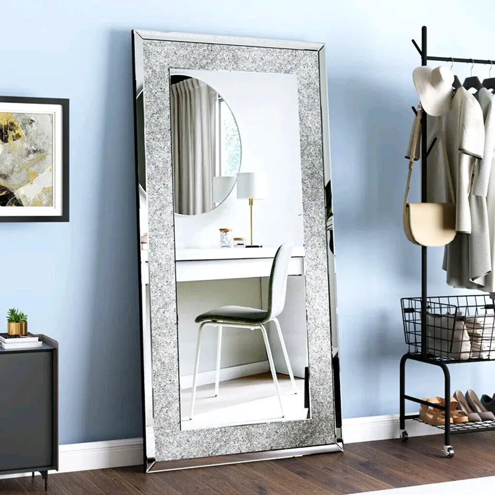 Large Silver Rhinestone Diamond Vanity Mirror, Wall-Mounted