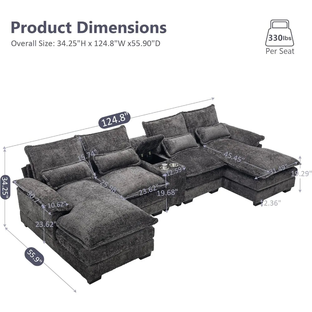 U Shaped Sectional Sofa with Console Cupholders