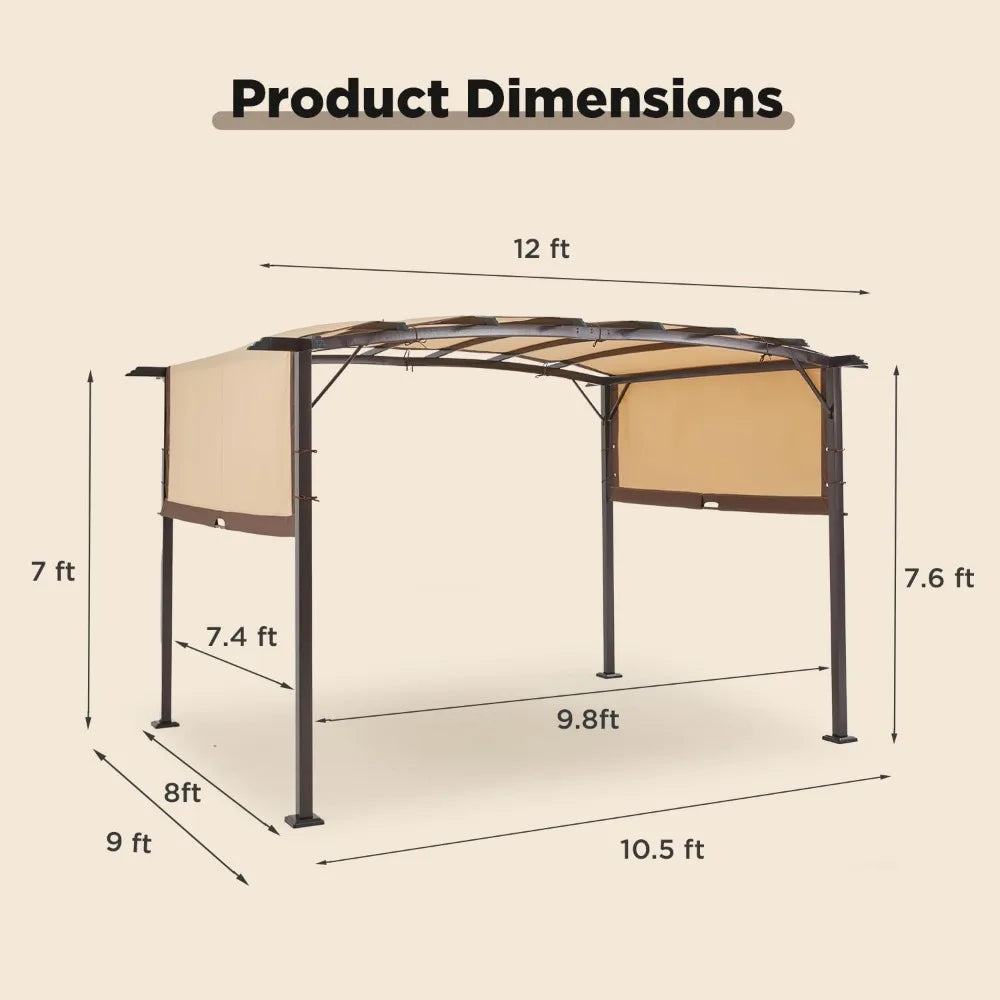9' x 12' Outdoor Metal Pergola with Retractable Awning for Shade
