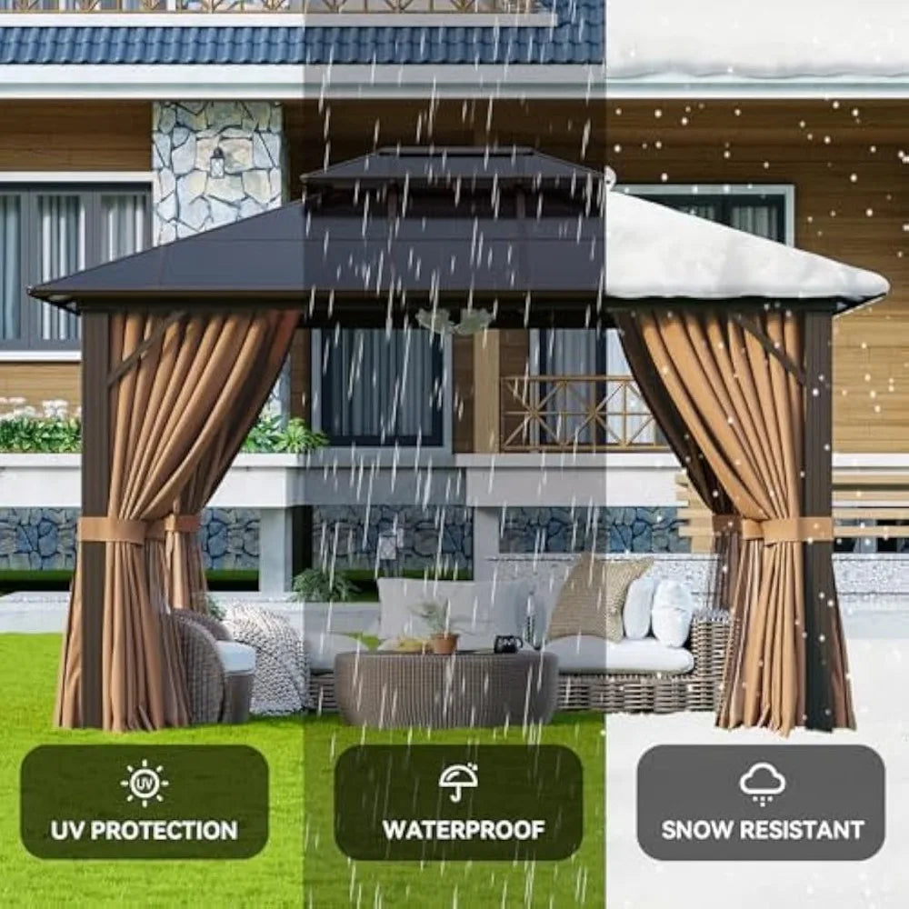 10'x12' Hardtop Gazebo, Aluminum Frame Permanent Pavilion with Curtains and Netting, Outdoor Polycarbonate Gazebo, Double Canopy
