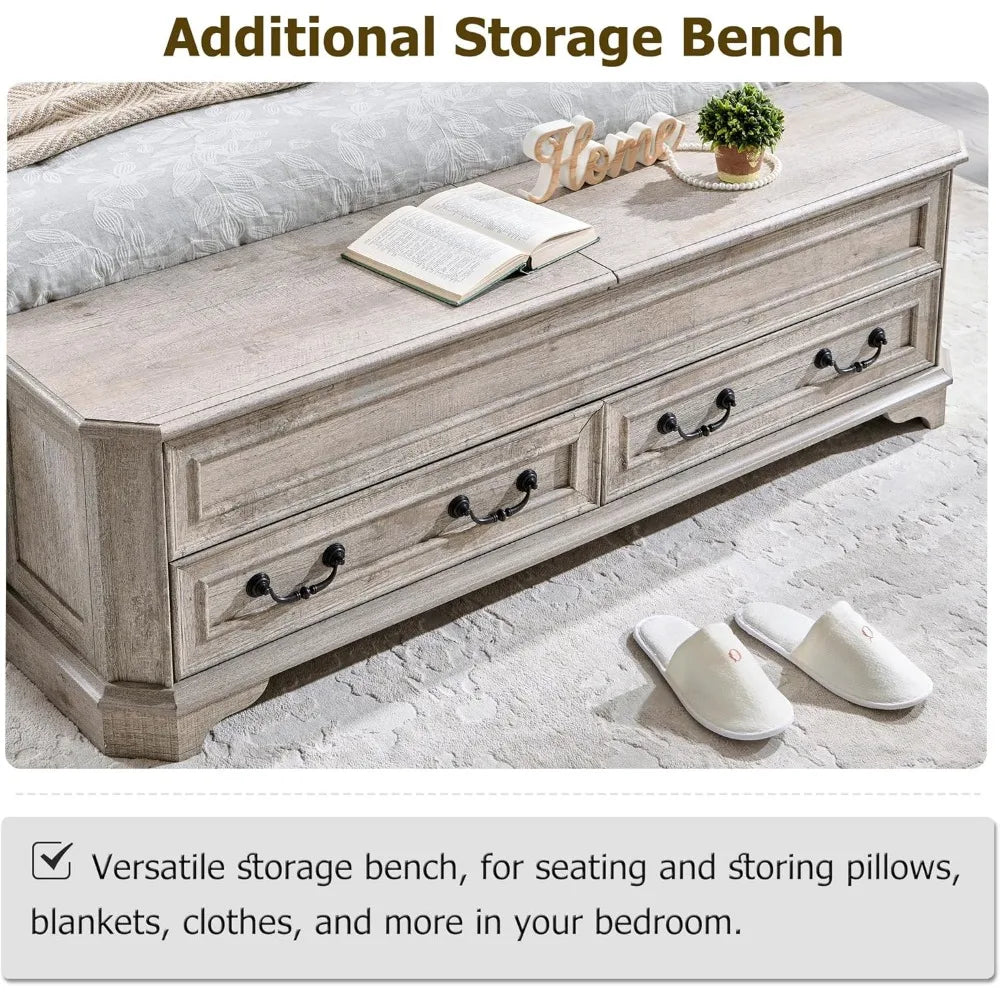 Farmhouse Bed Frame with Storage Bench