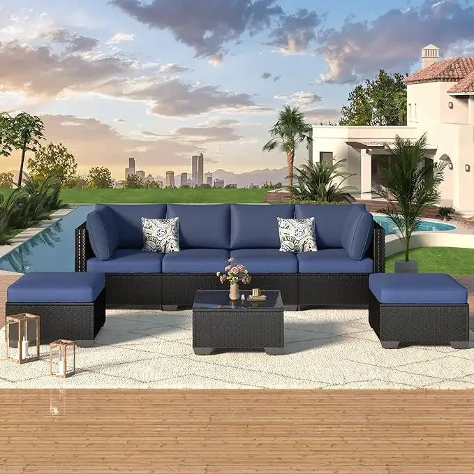 Outdoor Grey Wicker Patio Furniture, Sectional with Chairs and Cushions