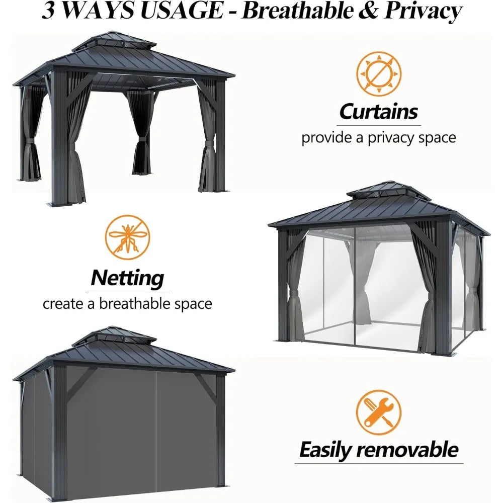 9.5 x 9.5 FT Hardtop Double Roof Galvanized Steel Top Gazebo with Breathable Netting & Curtain