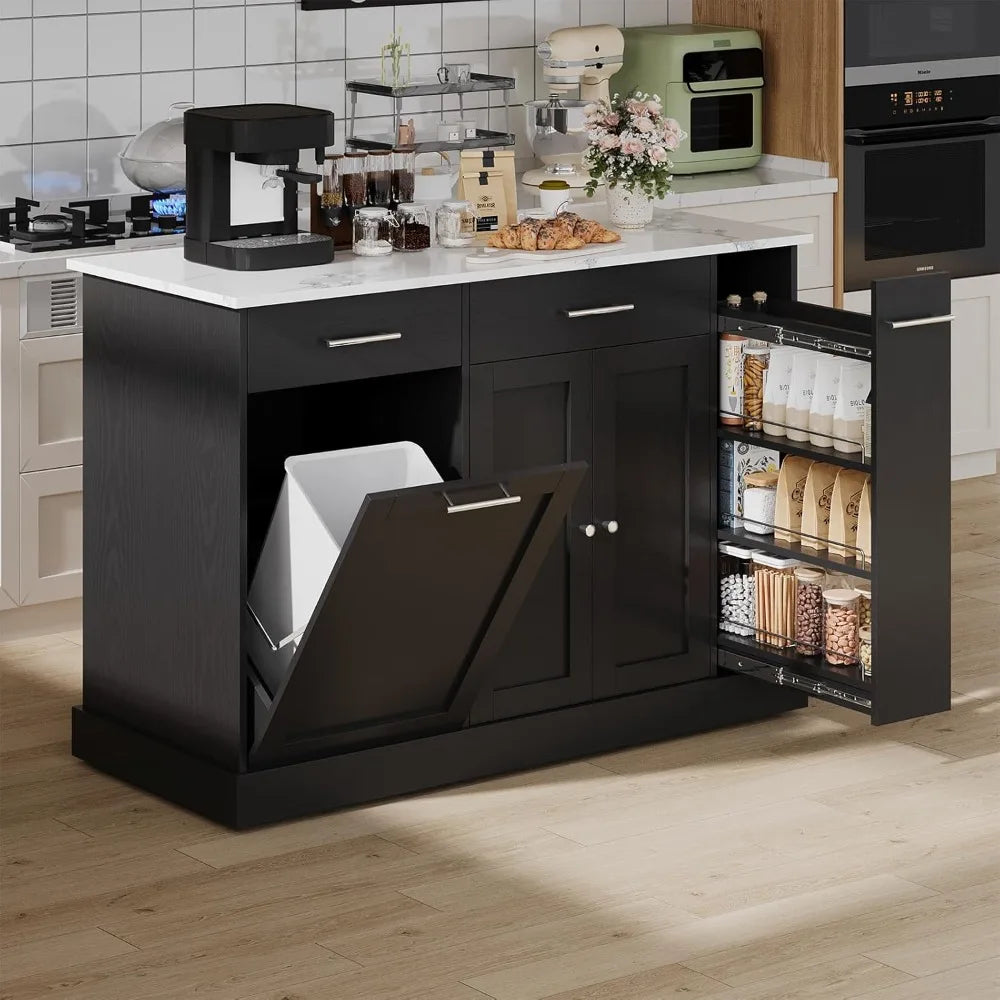 Kitchen Island with Trash Can Storage and Marble Countertop