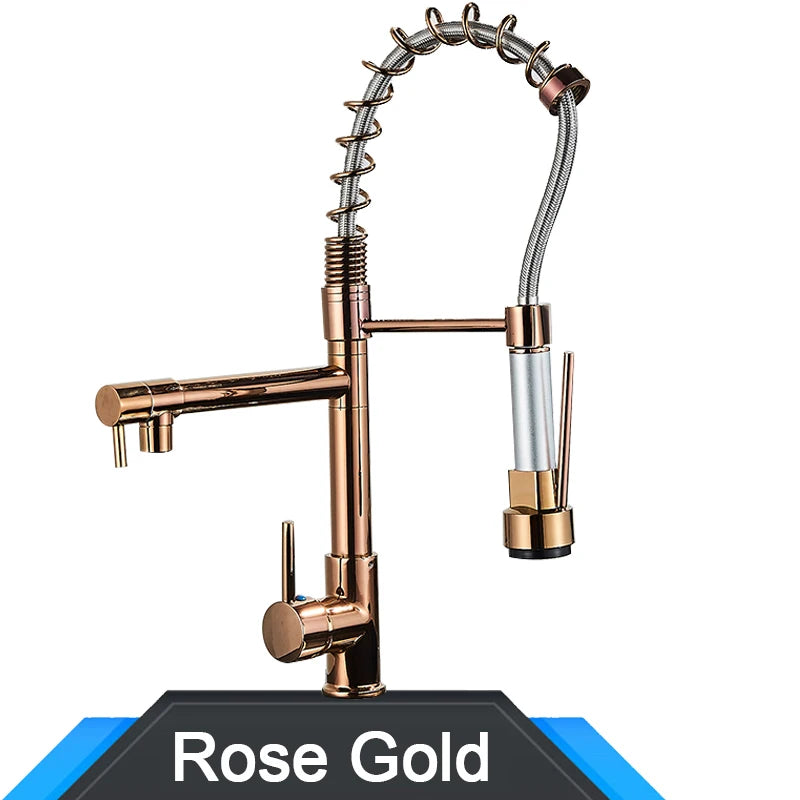 Black and Rose Golden Spring Pull Down Kitchen Sink Faucet, Dual Spout