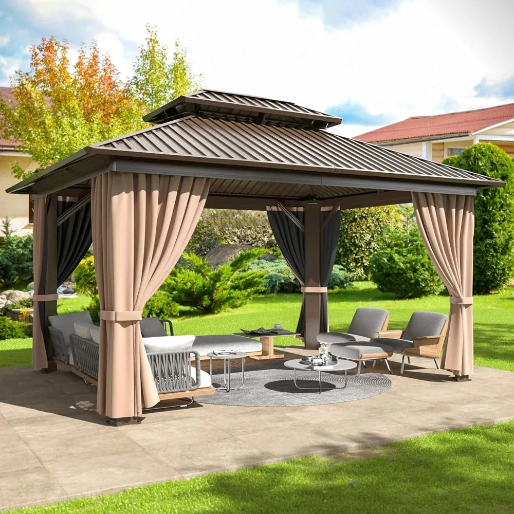 10x12 FT Hardtop Gazebo with Aluminum Frame, Galvanized Steel Double Roof