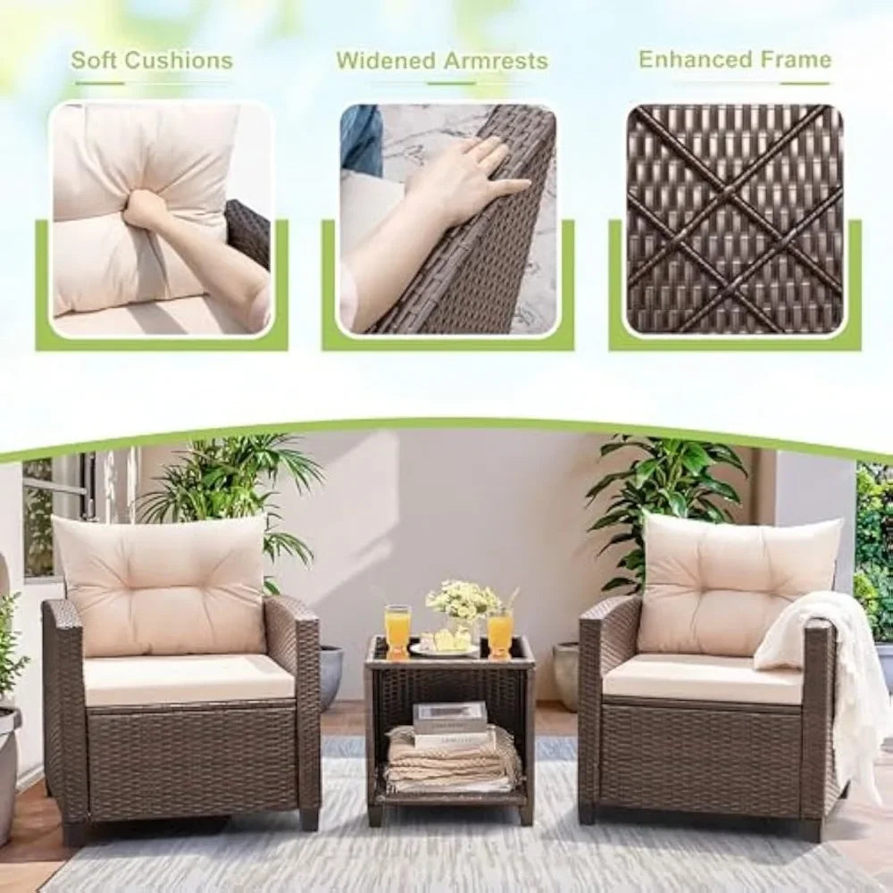 3 Pieces Patio Furniture, Rattan Wicker with Chairs and Table