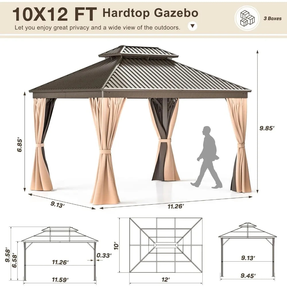 10x12 FT Hardtop Gazebo with Aluminum Frame, Galvanized Steel Double Roof