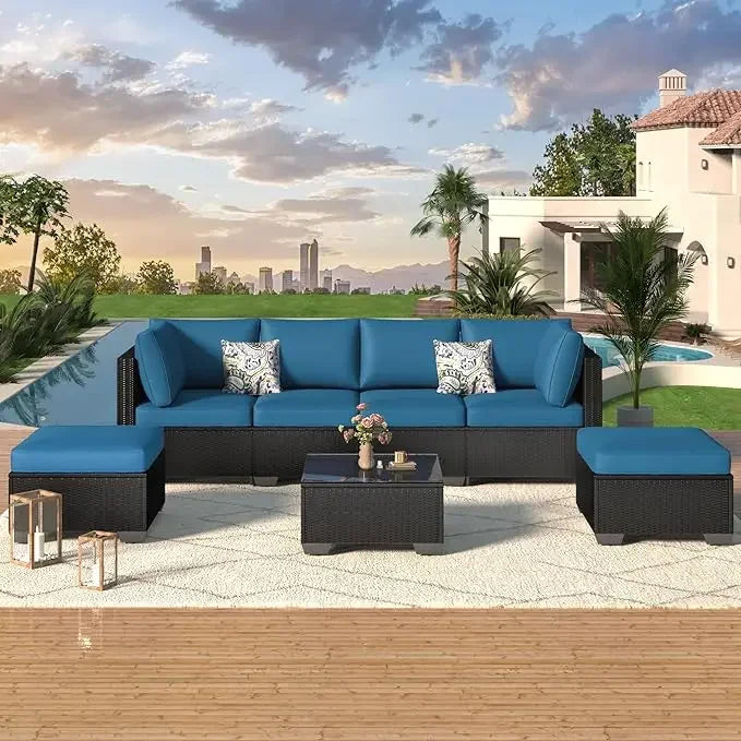 Outdoor Grey Wicker Patio Furniture, Sectional with Chairs and Cushions