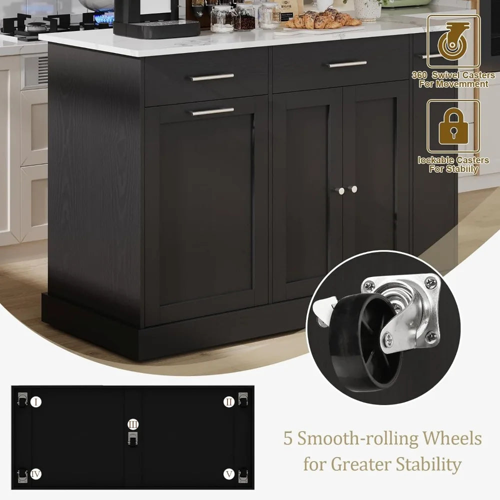 Kitchen Island with Trash Can Storage and Marble Countertop