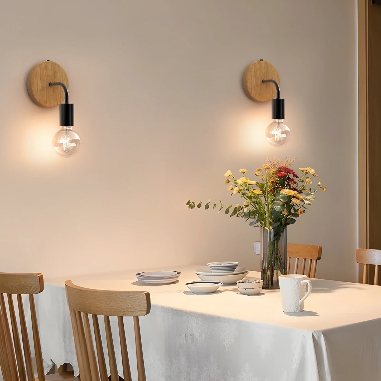 HYMELA AA Battery Operated Wall Lights, Cordless Light Fixtures, Wooden Wall Sconce