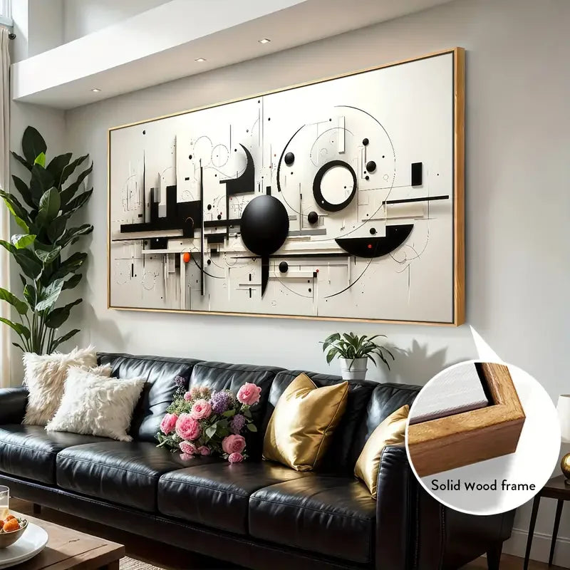 Modern Geometric Canvas Art Painting, Abstract Black & White Wall Decor
