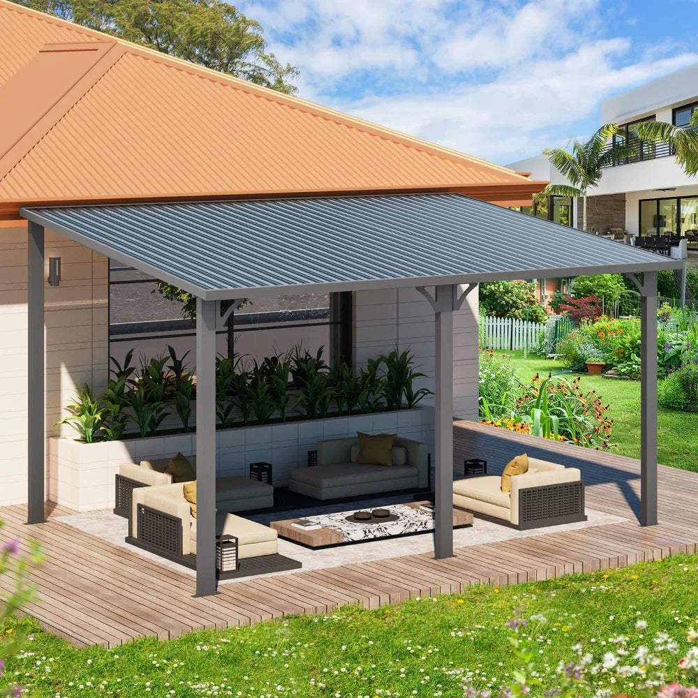 10' x 14' Outdoor Hardtop Pergola Gazebo, Wall-Mounted, Heavy Duty