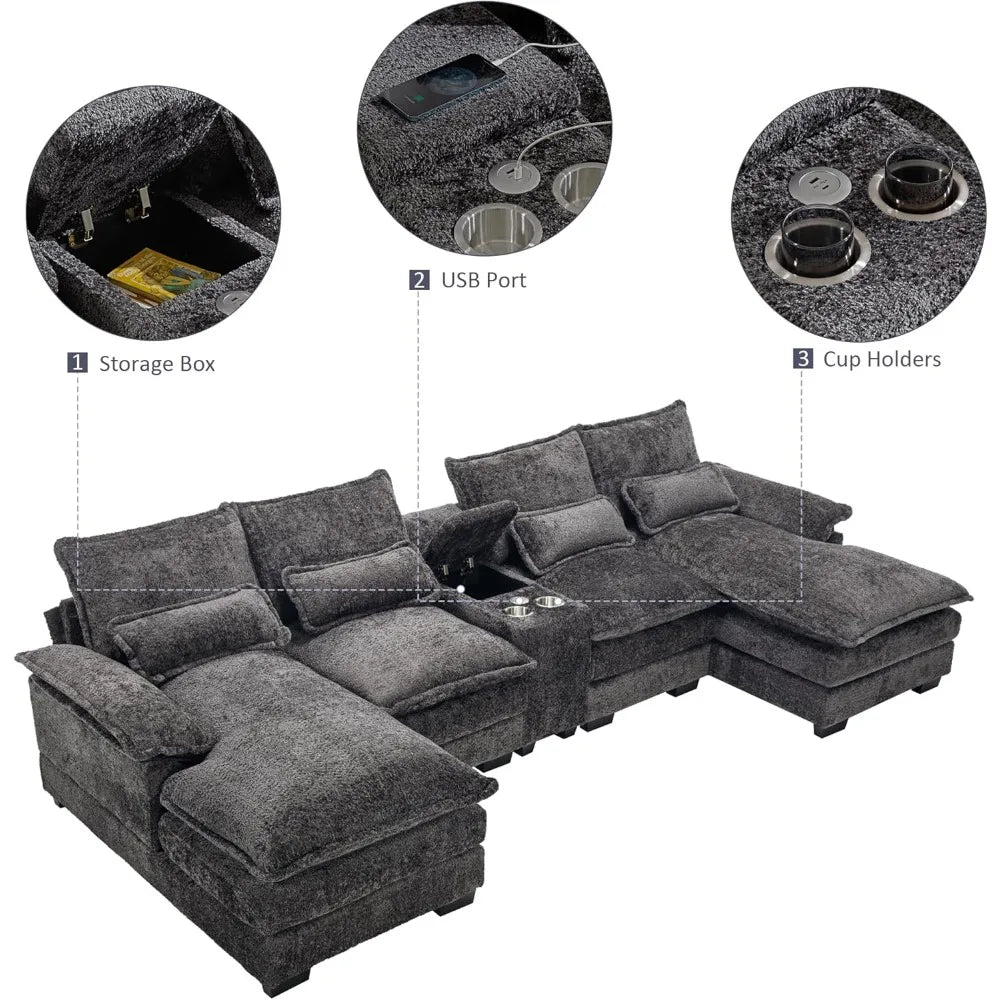 U Shaped Sectional Sofa with Console Cupholders