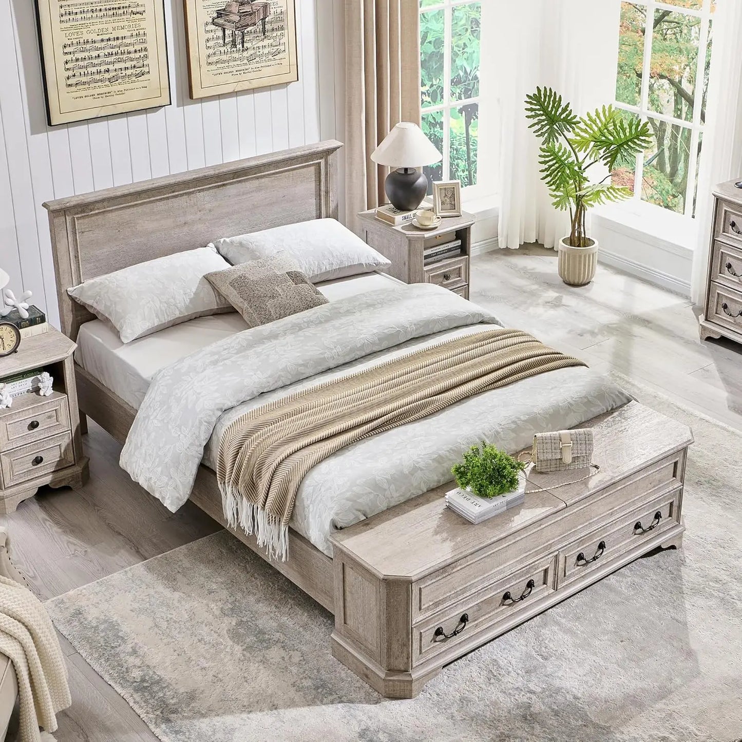 Farmhouse Bed Frame with Storage Bench