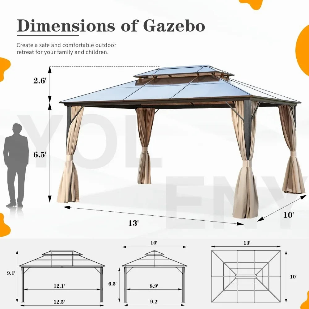 10'x 13' Hardtop Double Roof Canopy Gazebo with Aluminum Frame
