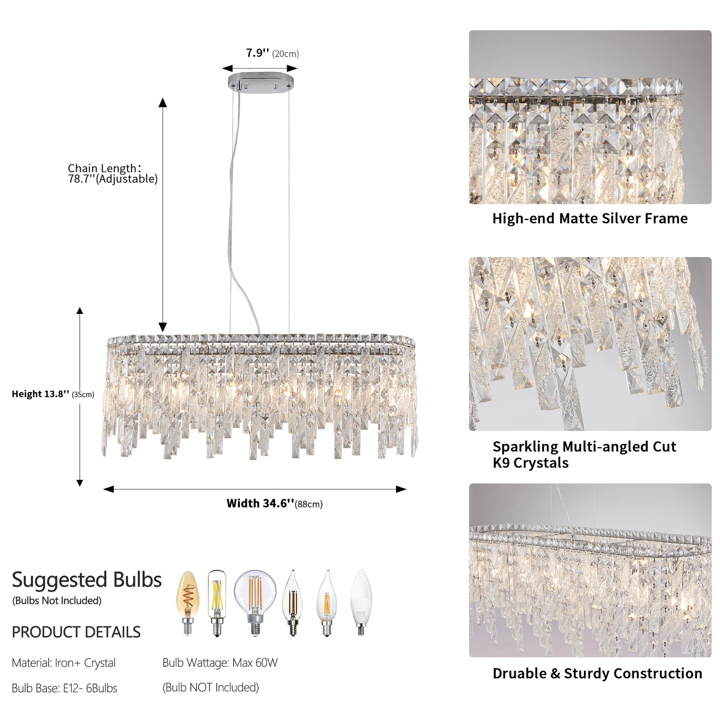 35“ Modern Crystal Chandelier/Pendant Light