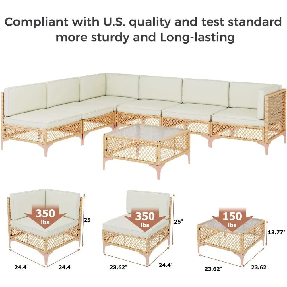 Outdoor Patio Set, Sectional Furniture with Glass Table and Cushions