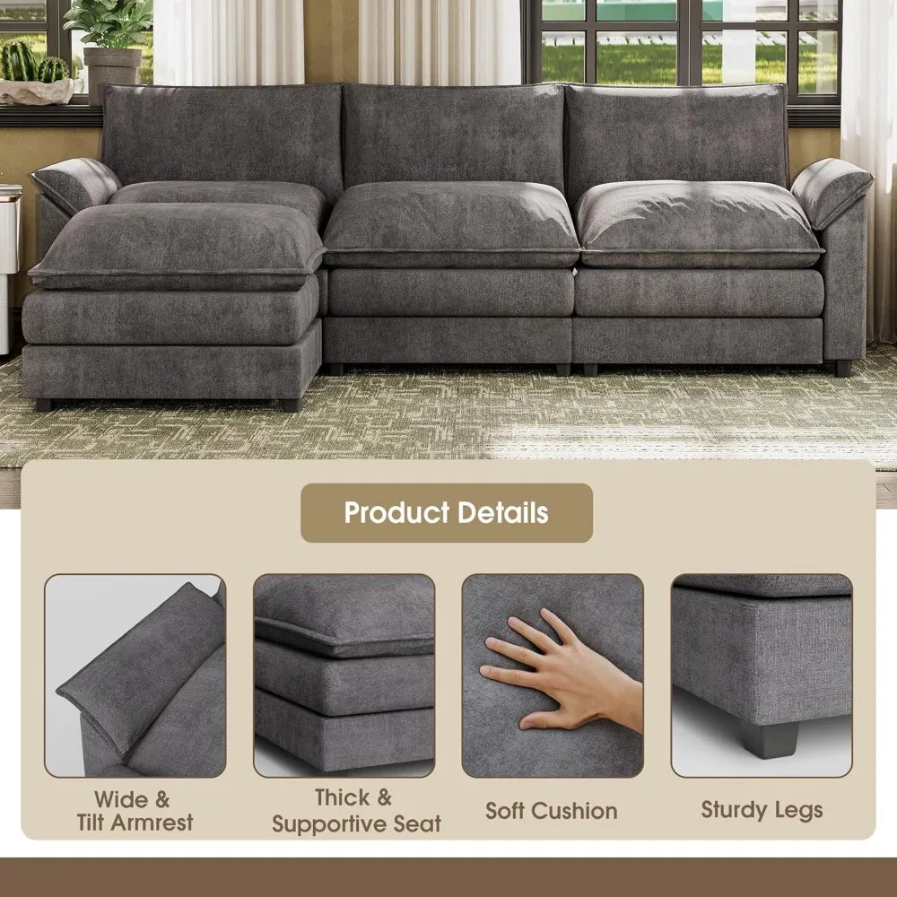 Modern Deep L-Shaped Sectional Sofa with Reversible Ottoman