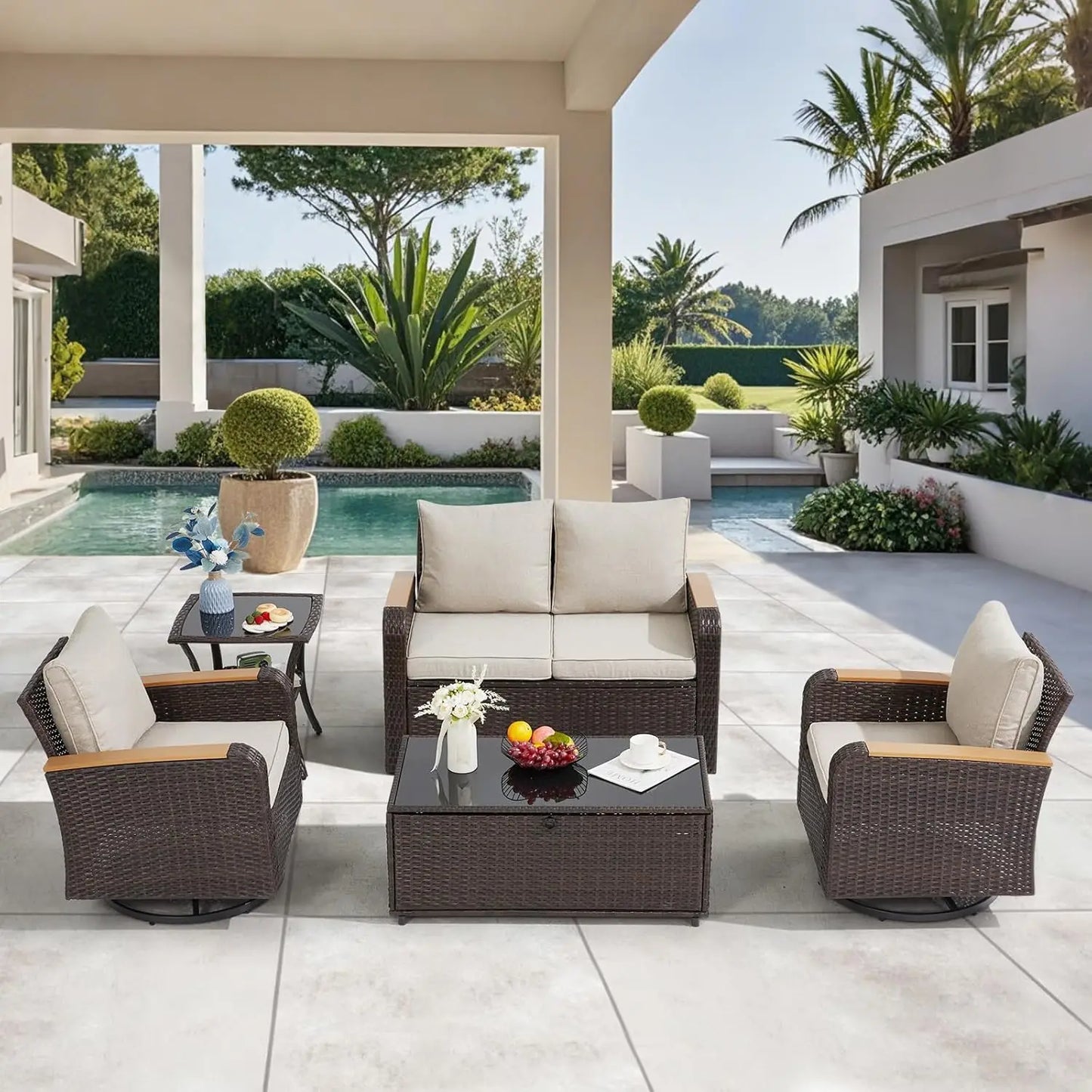 5-pc. Outdoor Wicker Furniture Set with Swivel Chairs