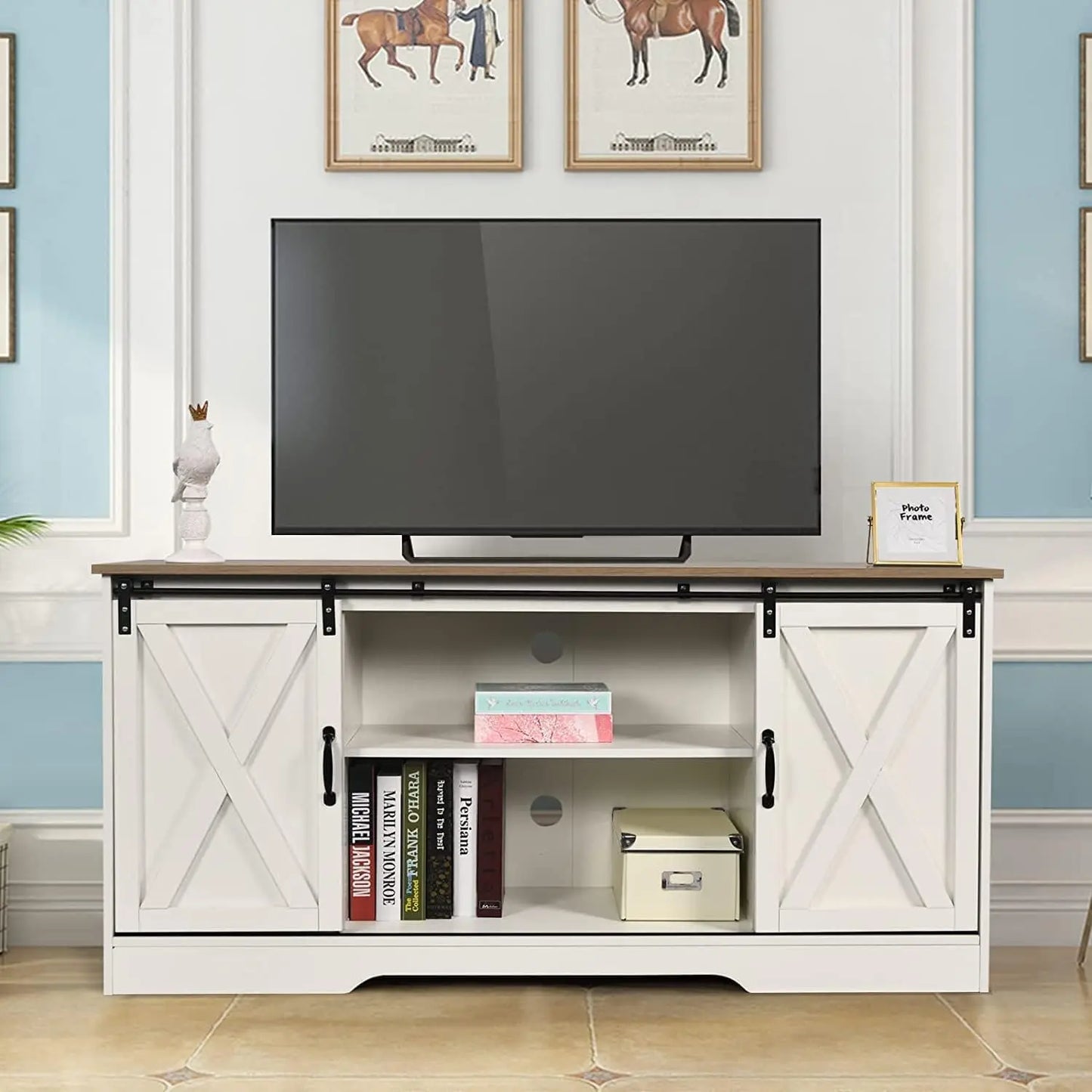 Modern Farmhouse TV Stand With Barn Door Storage Cabinets