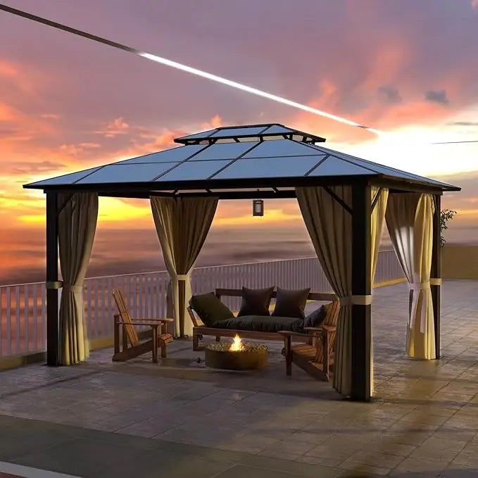 12'x16' Hardtop Gazebo, Outdoor Polycarbonate Double Roof Canopy, Aluminum Frame Pavilion with Curtains and Netting, Sunshade
