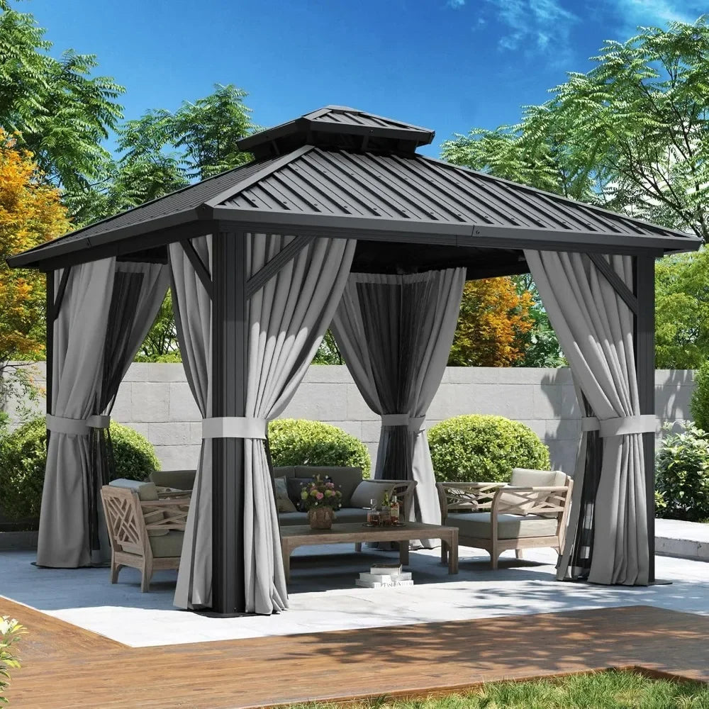 10'x10' Hardtop Gazebo, Aluminum Frame Canopy with Netting
